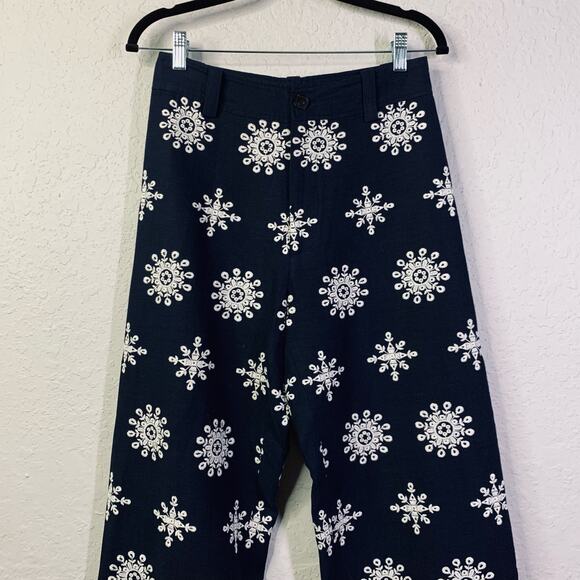 ZARA Pants Small‎ Linen Blend Culotte Embroidered Wide Leg Cropped Boho Trousers - Picture 6 of 15